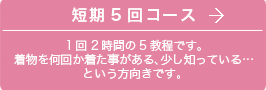 短期5回コース 1回2時間の5教程です。着物を何回か着た事がある、少し知っている…という方向きです。