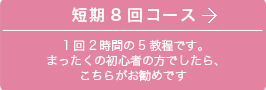 短期8回コース1回2時間の5教程です。まったくの初心者の方でしたら、こちらがお勧めです