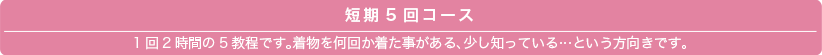 短期5回コース 1回2時間の5教程です。着物を何回か着た事がある、少し知っている…という方向きです。